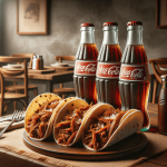 Three bottles of coca-cola with a plate of three tacos in a rustic dining setting.
